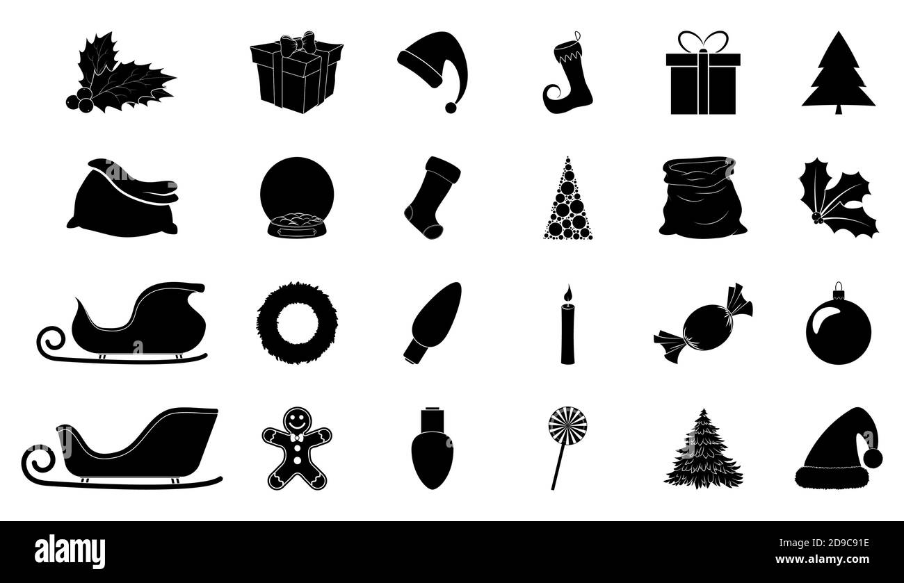 Christmas silhouette icon set. Collection of black december holiday symbol. Black and white illustration isolated on white background. Holly berry, sa Stock Vector Image & Art - Alamy
