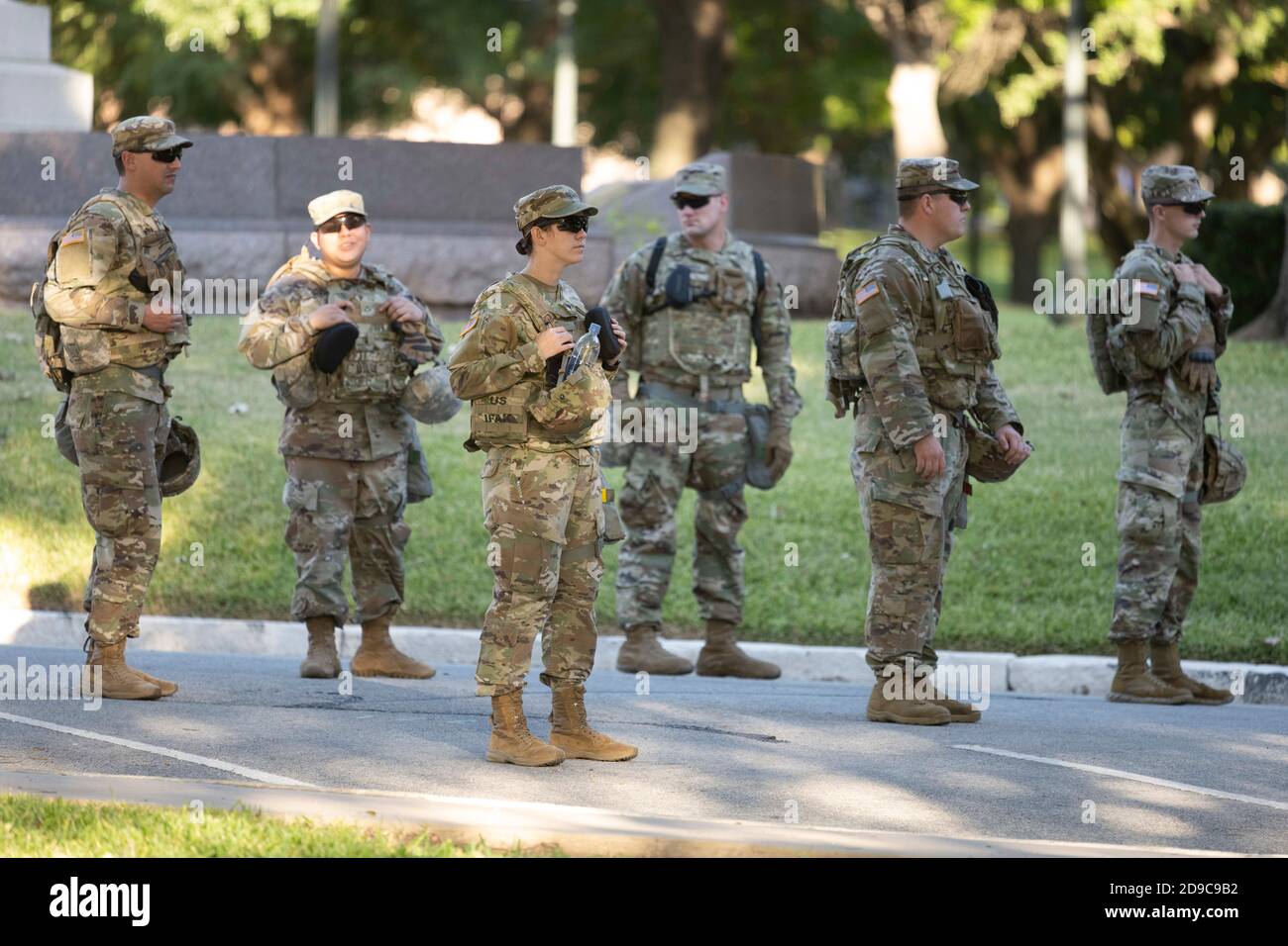 National Guard specialists guard the south gate of the Texas Capitol on the afternoon of November 3, 2020. The Guard was deployed to assist the Texas Department of Public Safety (DPS) in case of any election unrest tonight. Stock Photo