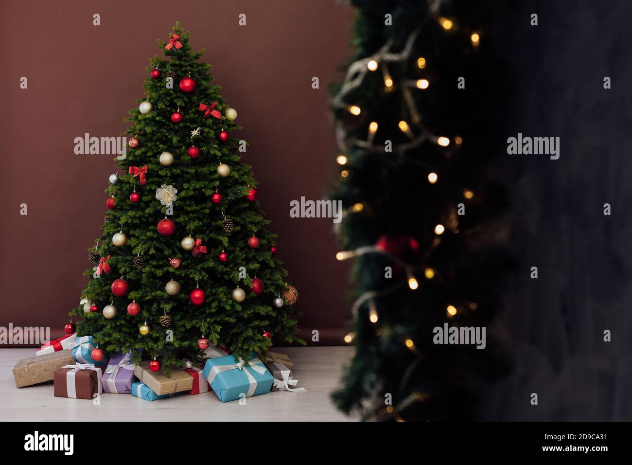 Decor New Year Presents Christmas Tree Interior Holiday Stock Photo - Alamy