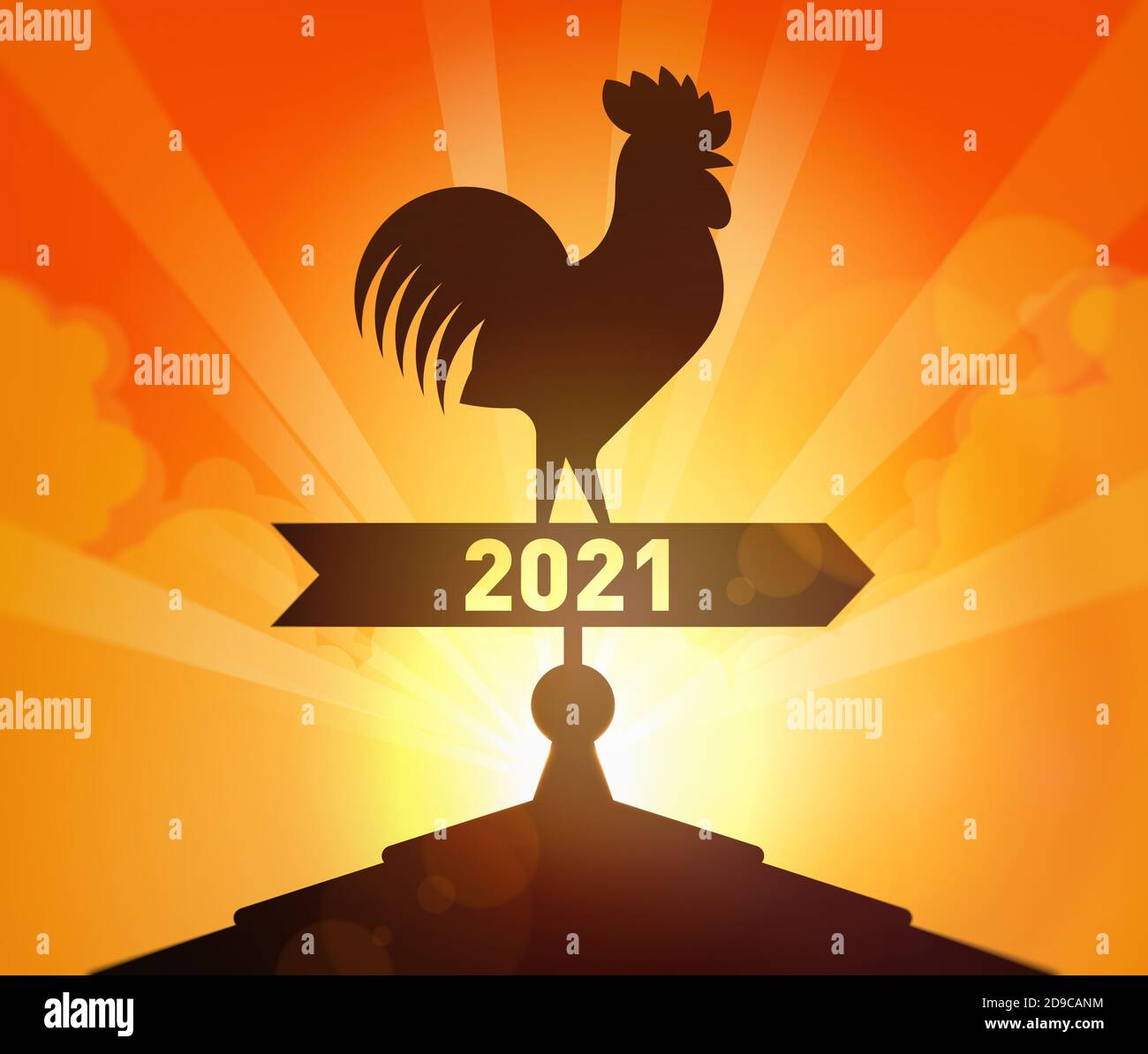 Approaching the new year 2021. Rooster of weather vane shows direction to the New Year 2021 Stock Photo