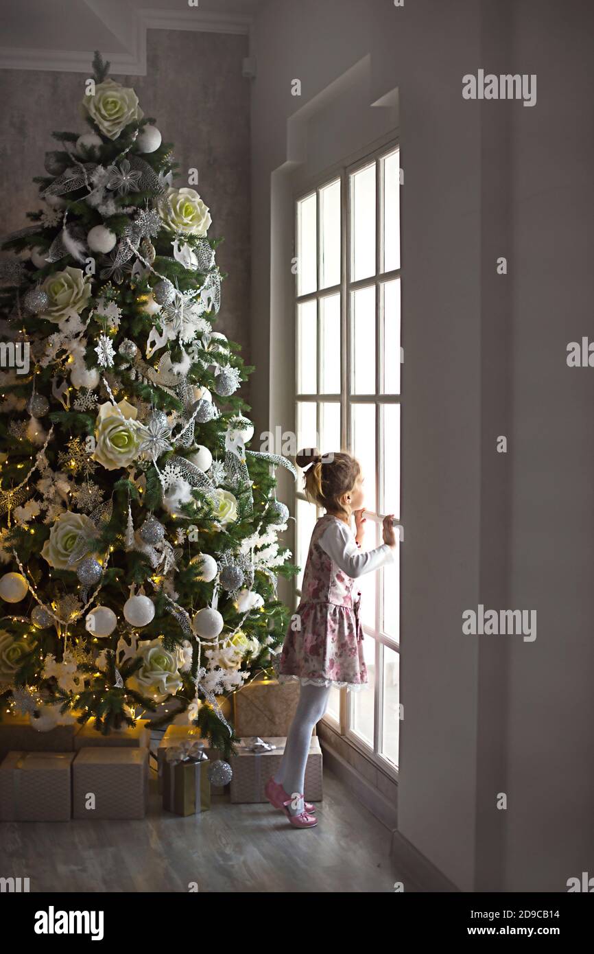 A little girl looks out of a large window near a Christmas tree. Waiting for a miracle, Christmas white decor in the living room of the house. New yea Stock Photo