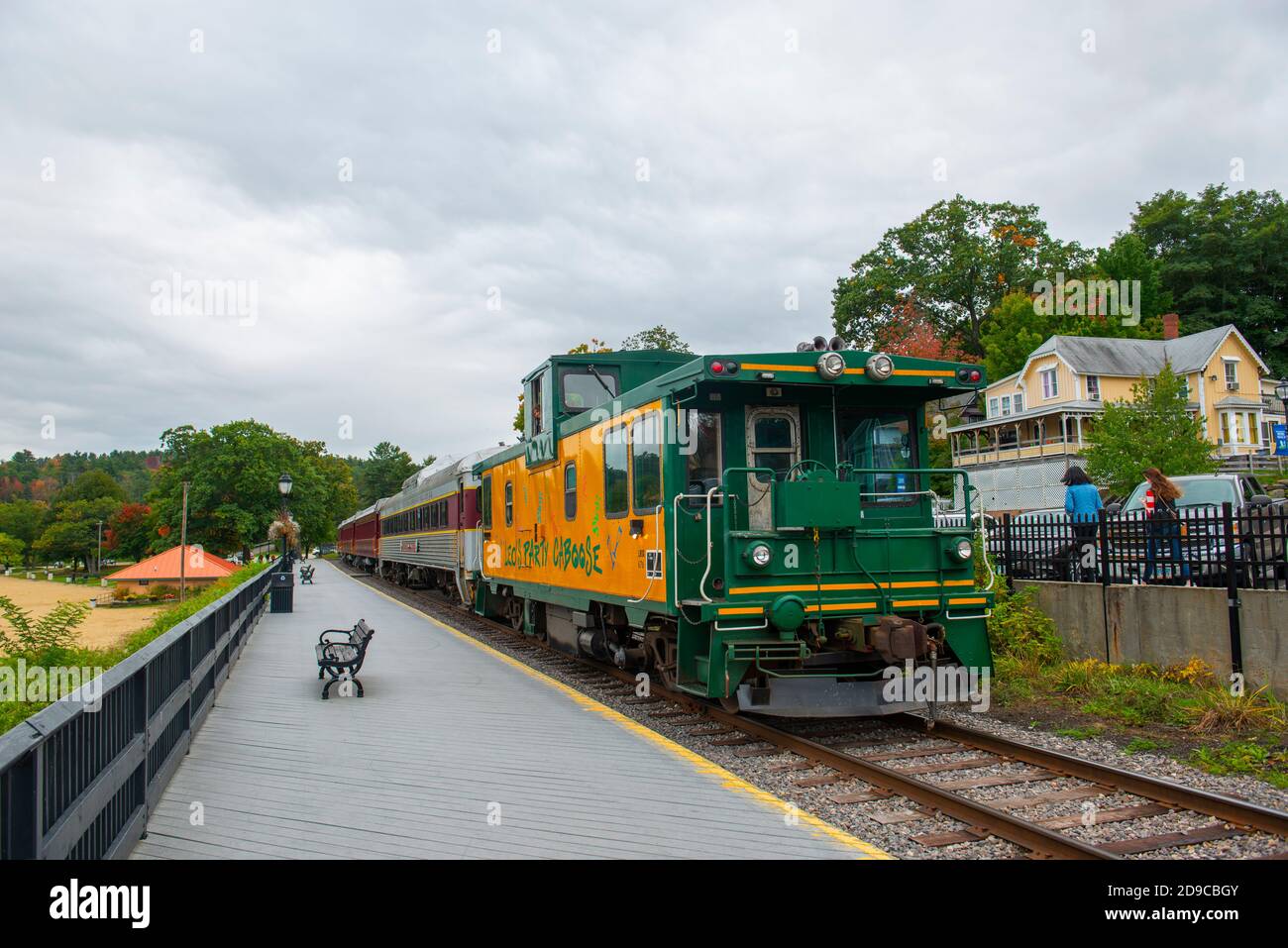 Winnipesaukee Scenic Railroad Caboose at Weirs Beach station, City of Laconia, New Hampshire, NH