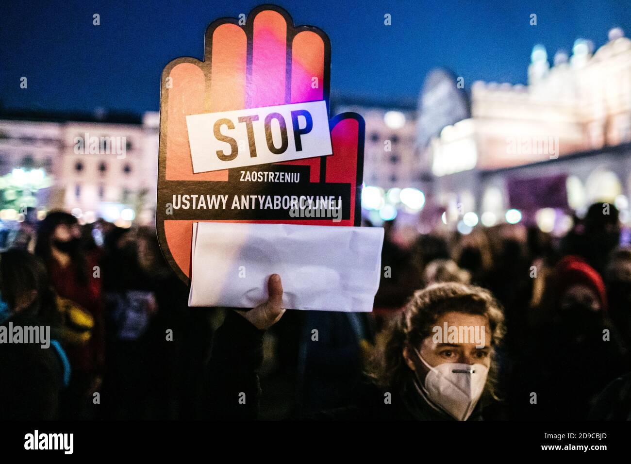 A protester is seen holding placard saying "stop tightening the anti-abortion law". The Polish Constitutional Court in its new, politically chosen co Stock Photo