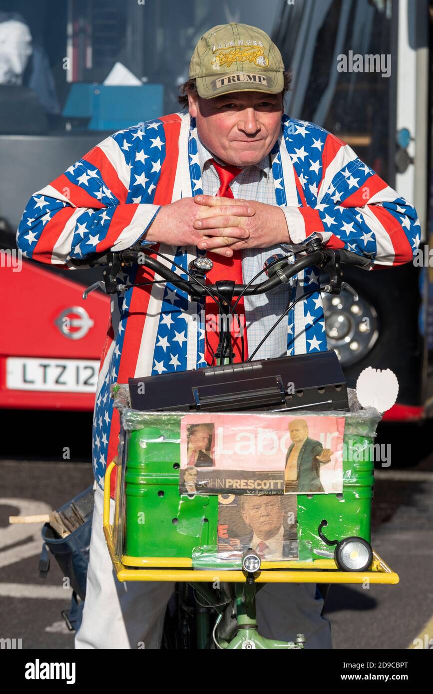 Donald Trump supporter in Westminster, London, UK, showing his support during the US election with American flag suit Stock Photo