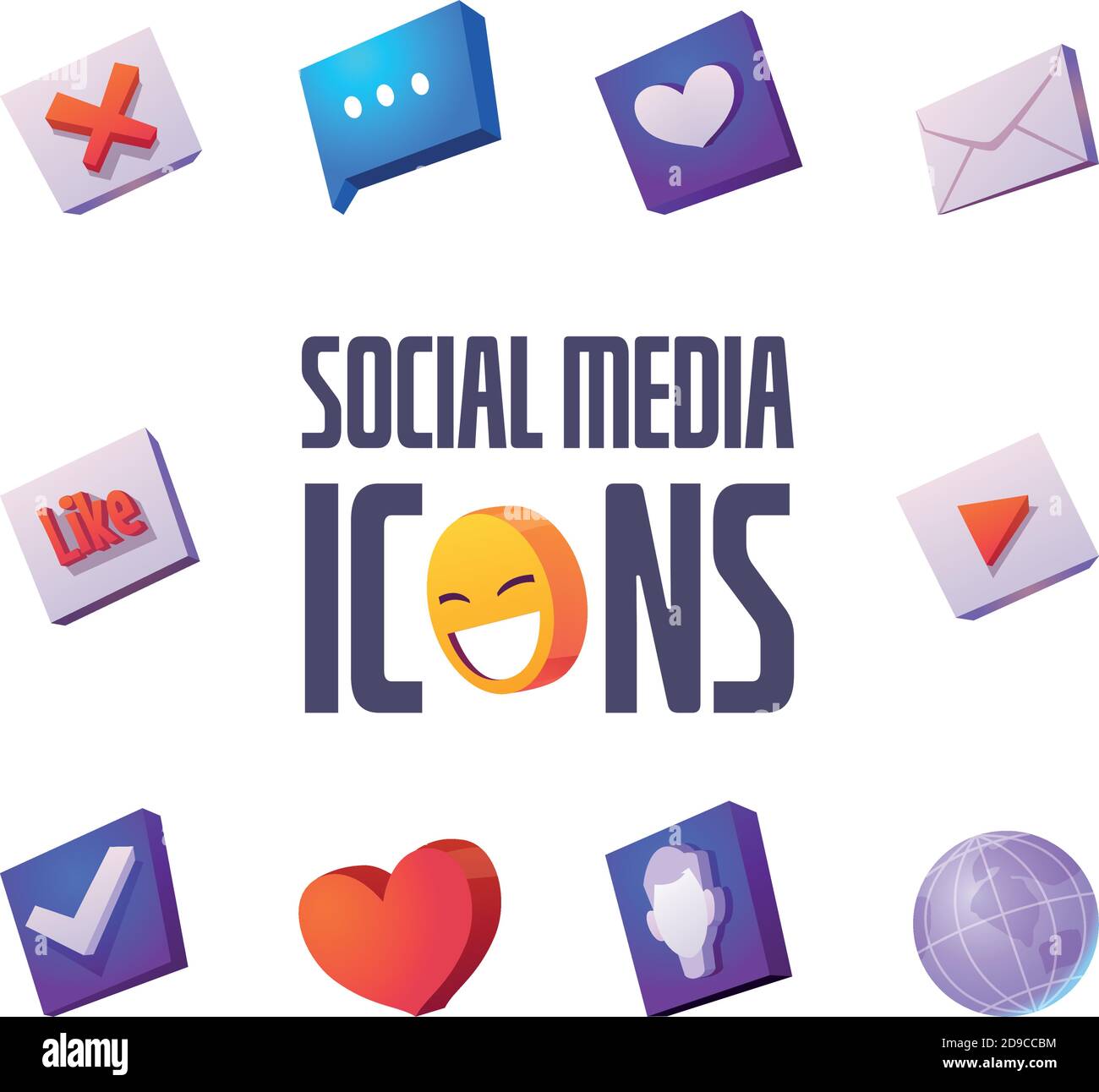 Social media icons cartoon set speech bubble, smile and envelopes with heart, like and cross, check mark, earth globe and user profile for internet, app interface or web site isolated vector signs Stock Vector
