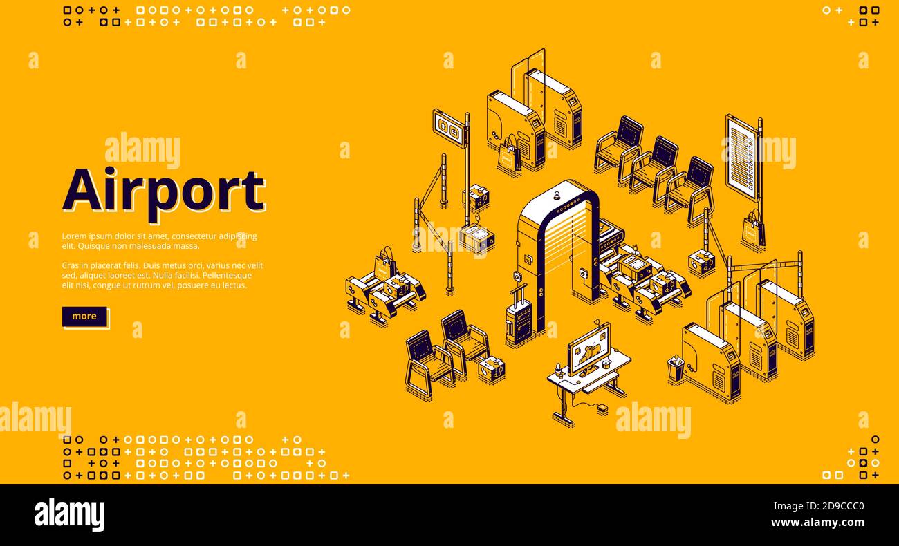 Airport isometric landing page with passenger waiting area, pass control with conveyor belt and baggage scanner, luggage detector, turnstile, security check point zone, 3d vector line art web banner Stock Vector