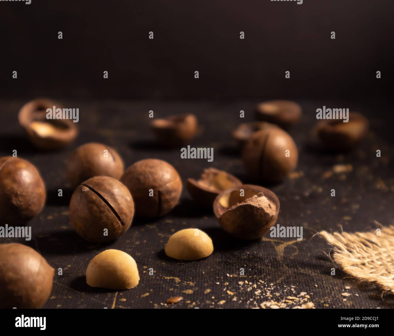 Macadamia nut in shell and peeled on a dark background. Poster, article. Stock Photo