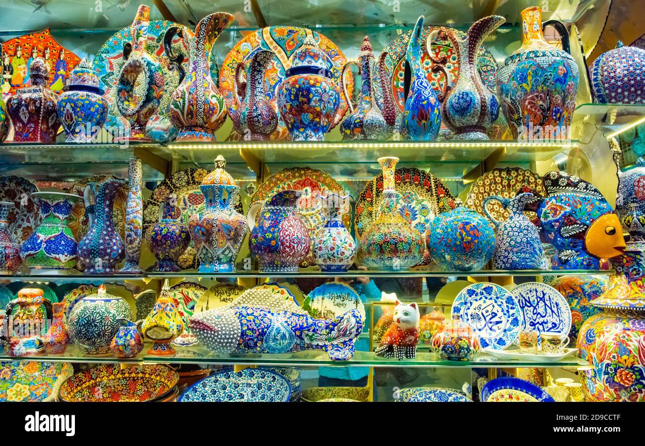 Multicolored authentic lamps hanging at the Grand Bazaar in Istanbul, Turkey Stock Photo