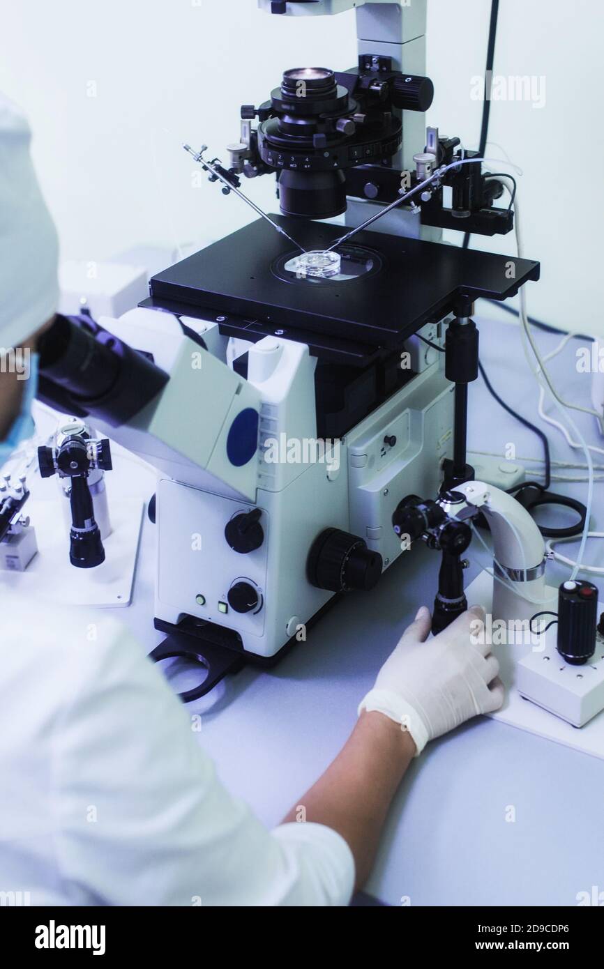 Equipment on laboratory of Fertilization, IVF. Microscope of
