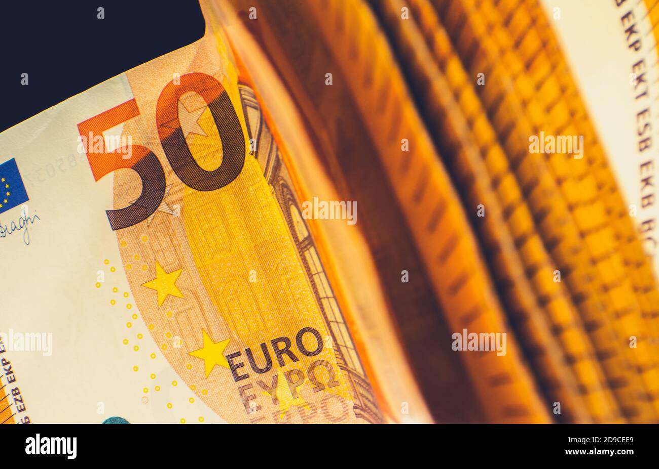 European Currency Fifty Euros Banknotes. Euro Cash Money Close Up. Financial and Banking Theme. Stock Photo