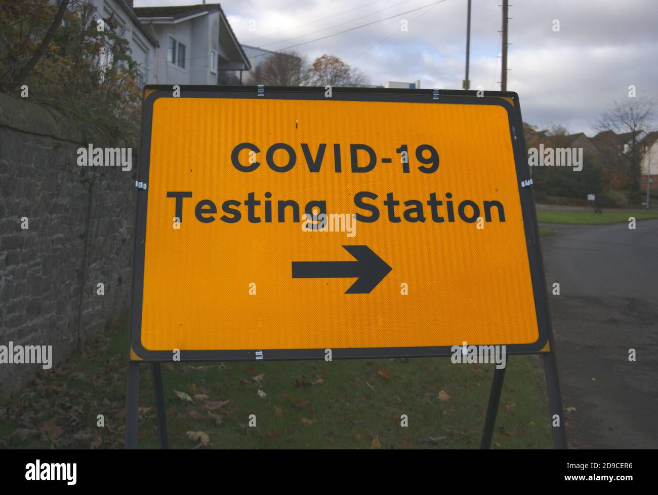 Sign indicating Covid-19 testing station during the coronavirus pandemic, Galashiels, Scottish Borders, UK. Stock Photo