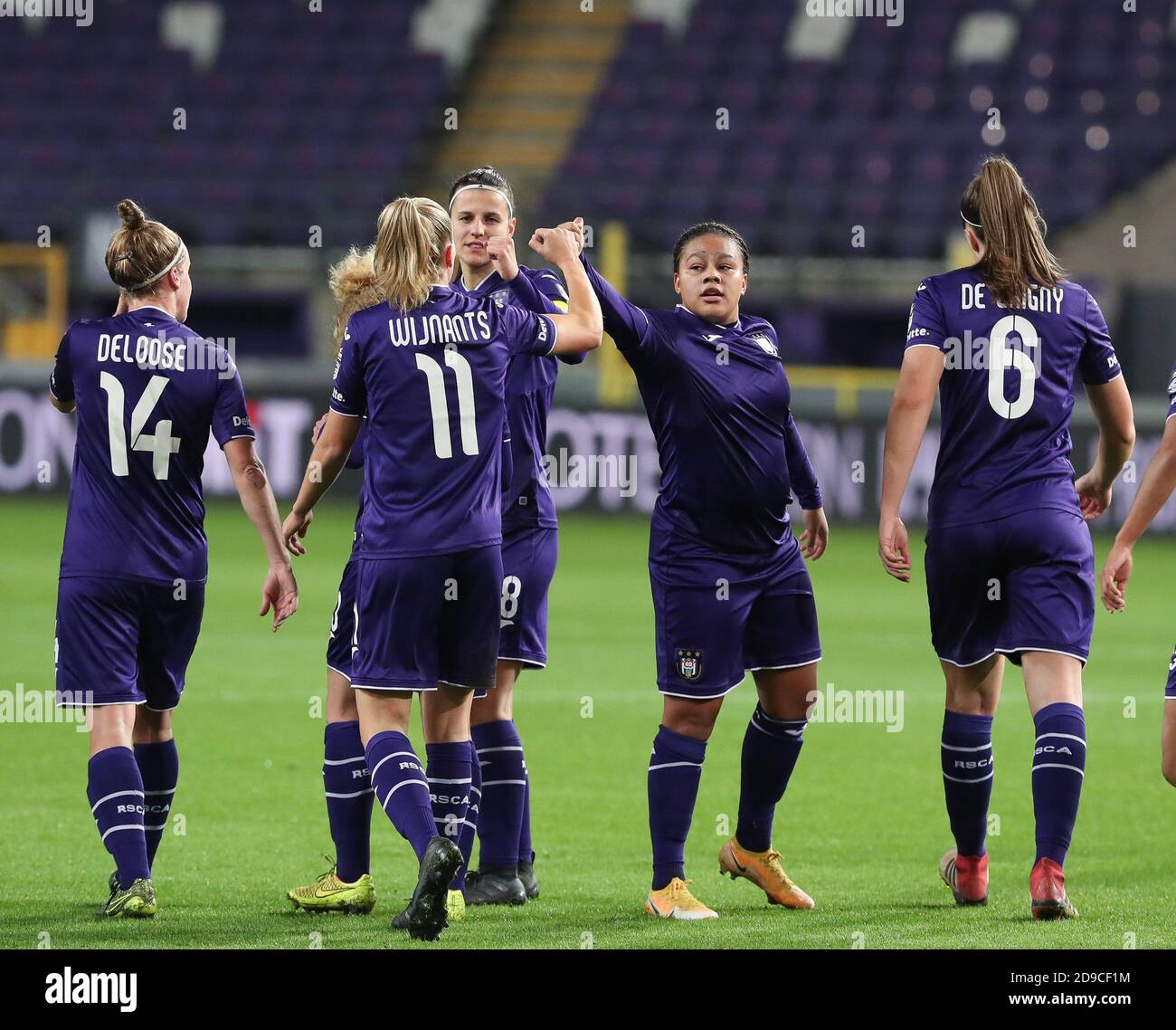 Anderlecht, Belgium. 04th Nov, 2020. Anderlecht players celebrate their  team's goal during a female soccer game between RSC Anderlecht Dames and  Northern Irish Linfield Ladies in the first qualifying round for the
