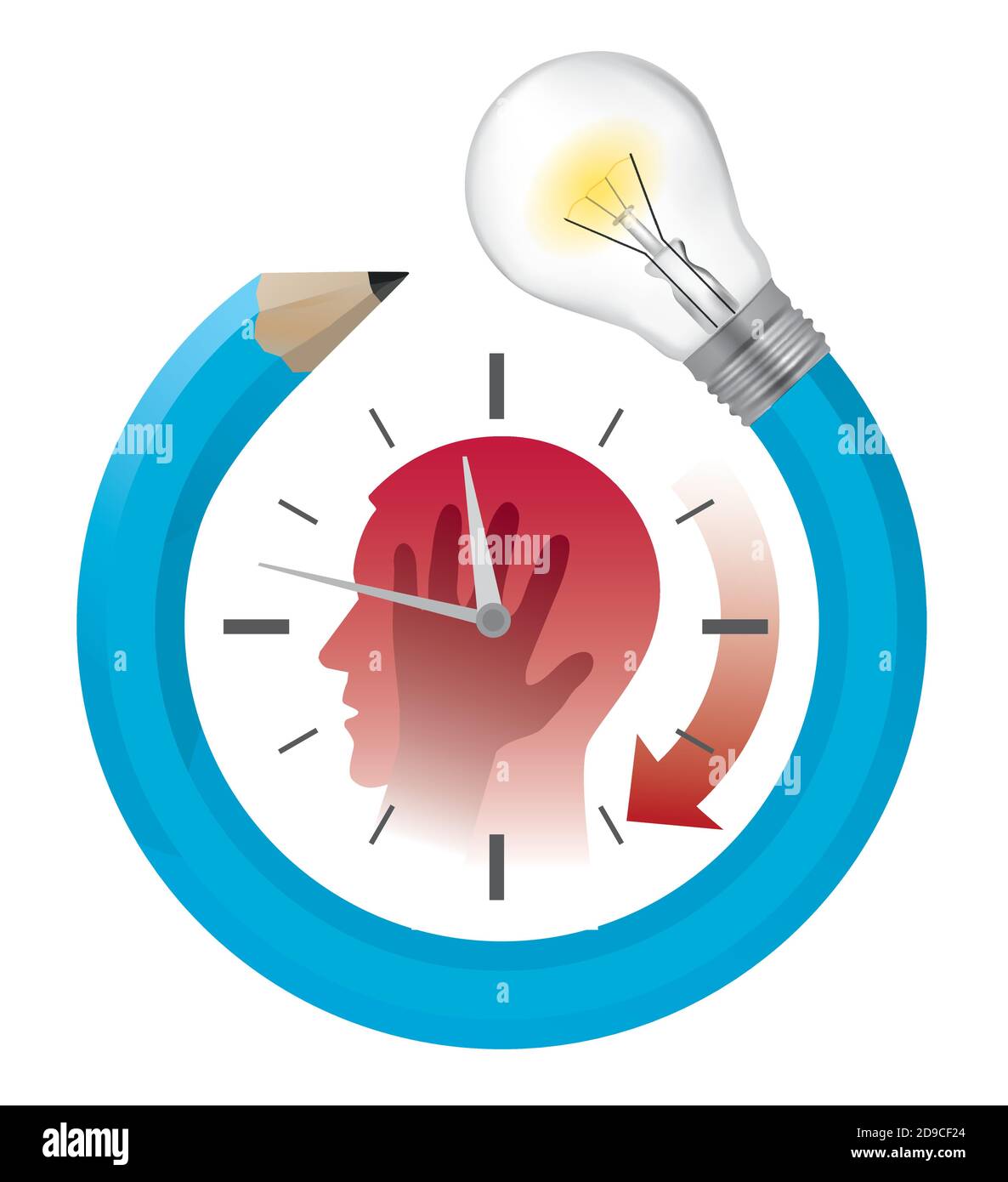 Deadline, waiting for an idea,  stressed out man with watch .  Stylized male head silhouette holding his head, with watch and pencil with bulb. Stock Vector