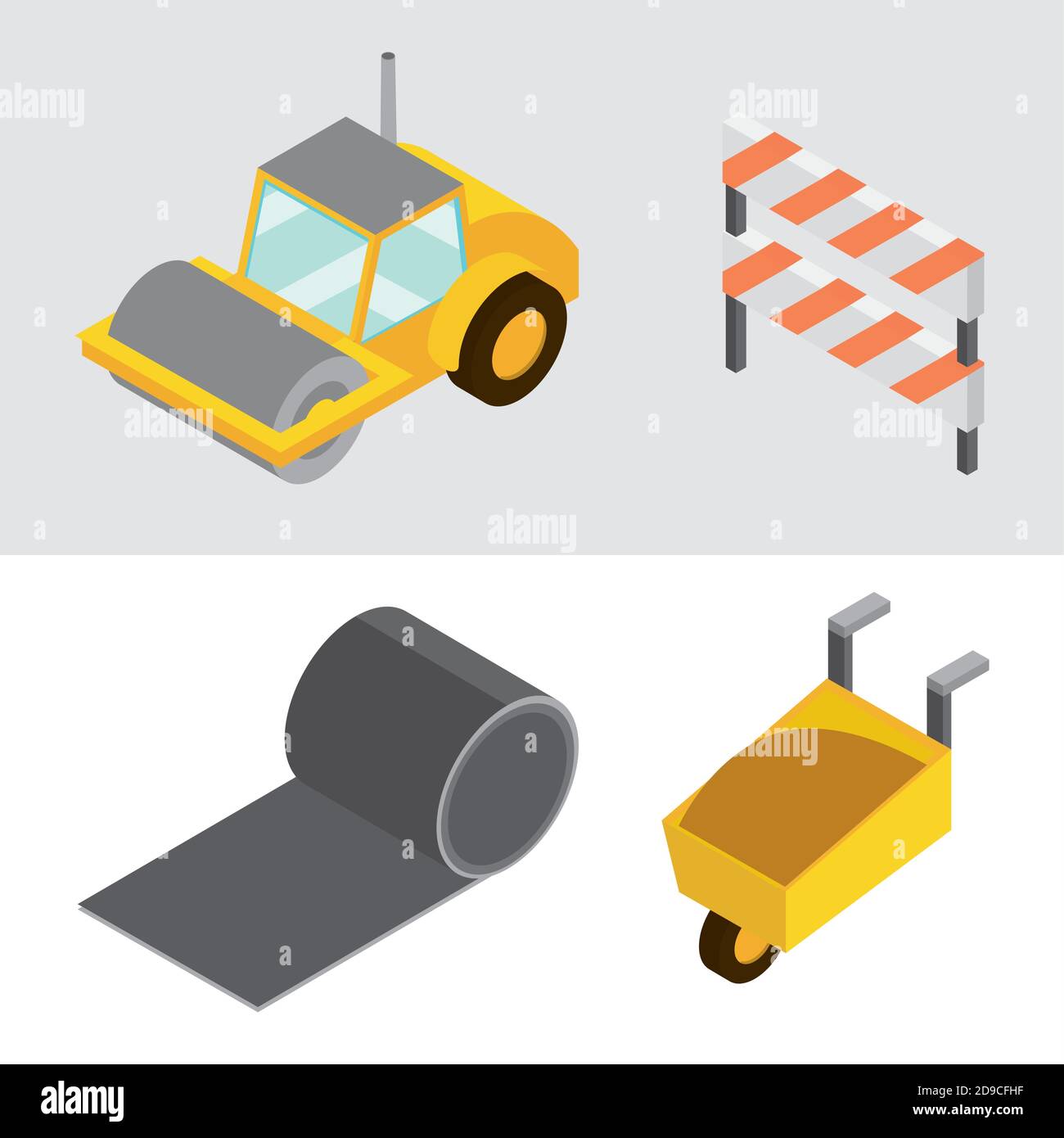 construction set icons road roller truck wheelbarrow and barricade isometric vector illustration Stock Vector