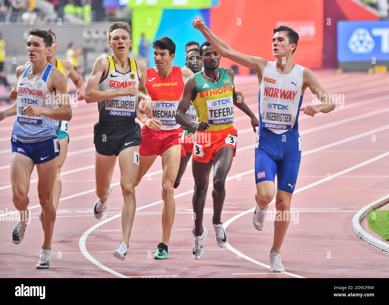 Jakob Ingebrigtsen, Jake Wightman, Amos Bartelsmeyer, Samuel Tefera. 1500 metres heats. IAAF World Athletics Championships, Doha 2019 Stock Photo