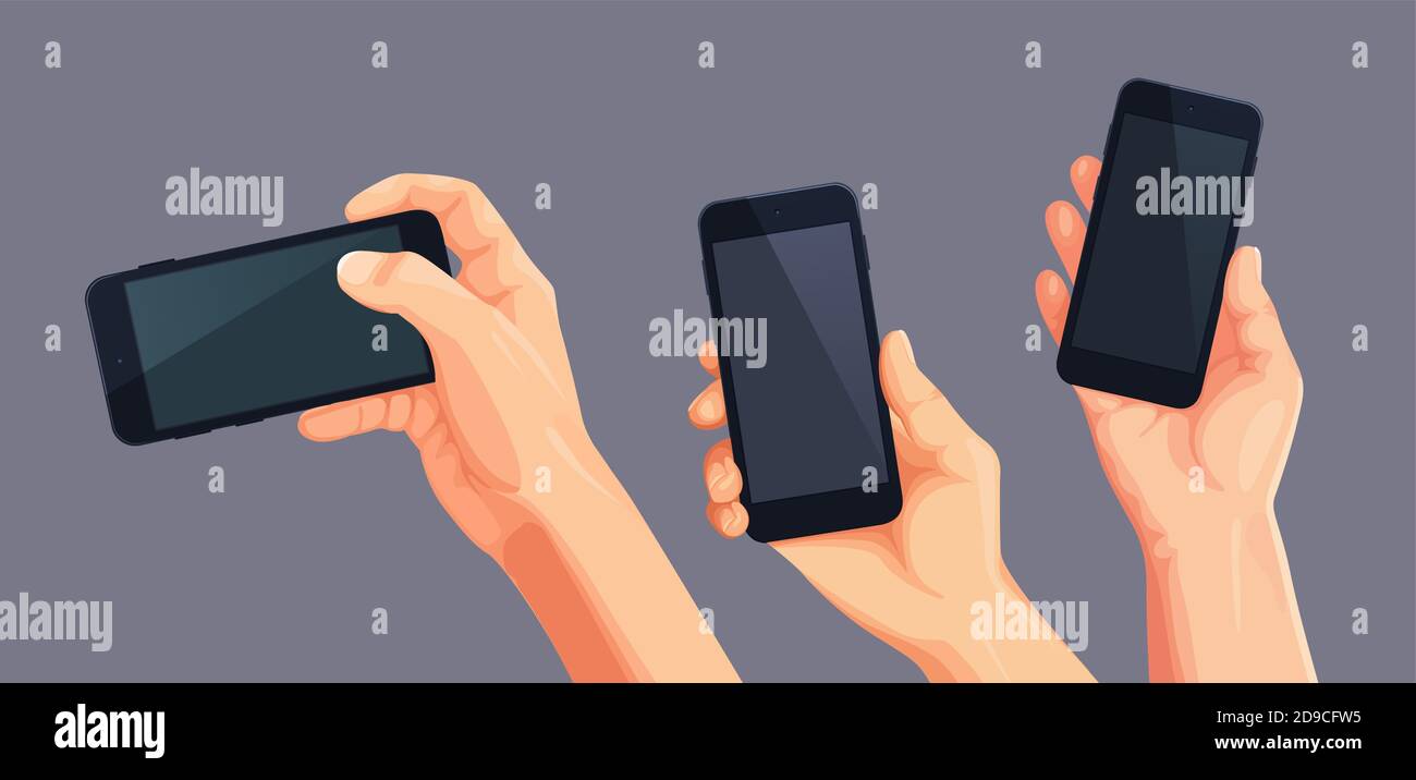 Set of Phone in Hand vector. Vector Hand in template cellphone screen for design editable mockup. Concept of hand position in different poses.  Stock Vector