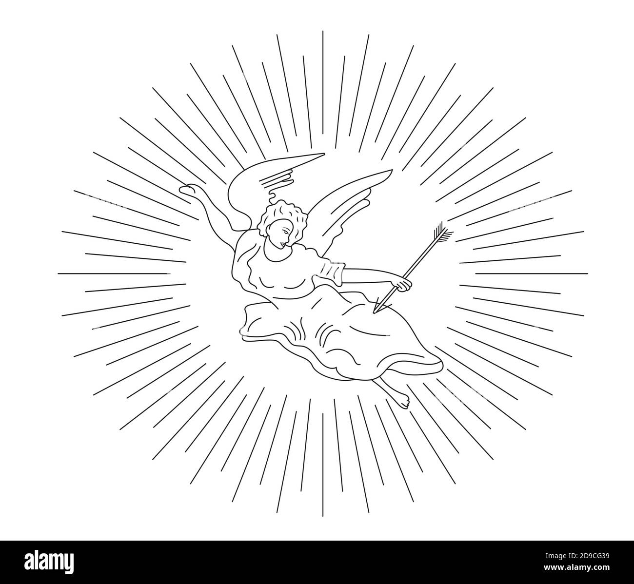 Angel with wings and an arrow in his hands. Goddess, the Holy virgin carries the message in the rays. Cupid, happy Valentine s day greetings vector. Stock Vector