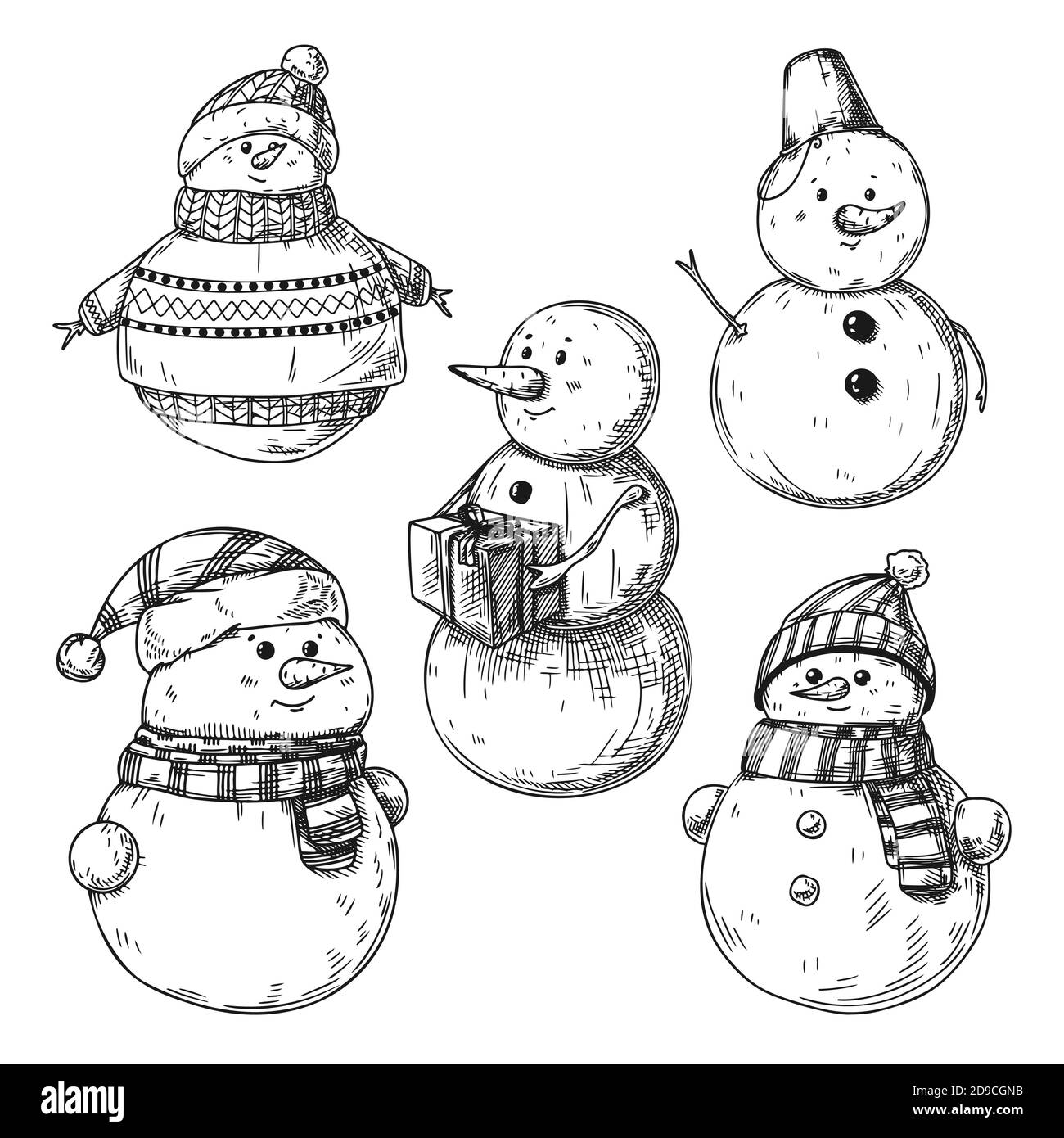 Set of different snowmen isolated on white background. Sketch, hand ...