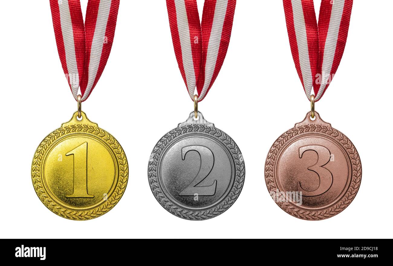 Gold, silver, bronze ( first, second, Third ) medals on isolated white background Stock Photo