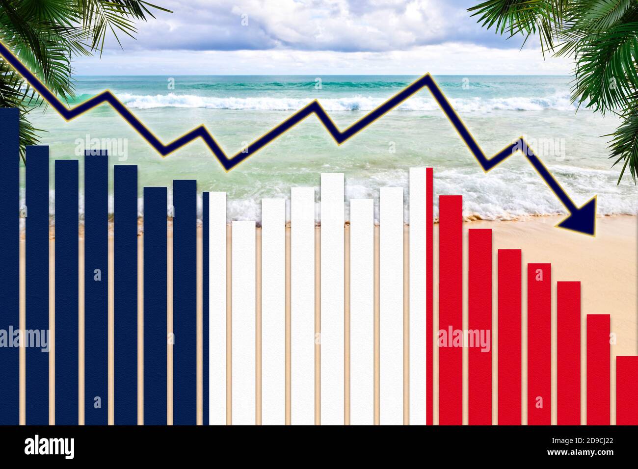 COVID-19 coronavirus pandemic impact on France tourism industry concept showing beach background with French flag on bar charts declining trend. Stock Photo