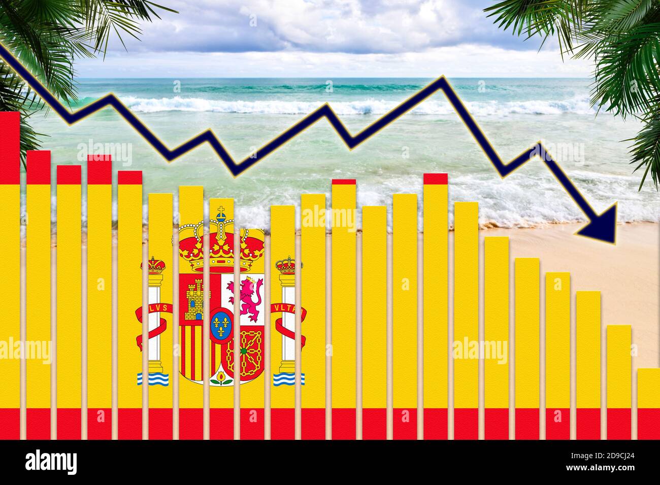 COVID-19 coronavirus pandemic impact on Spain tourism industry concept showing beach background with Spanish flag on bar charts declining trend. Stock Photo