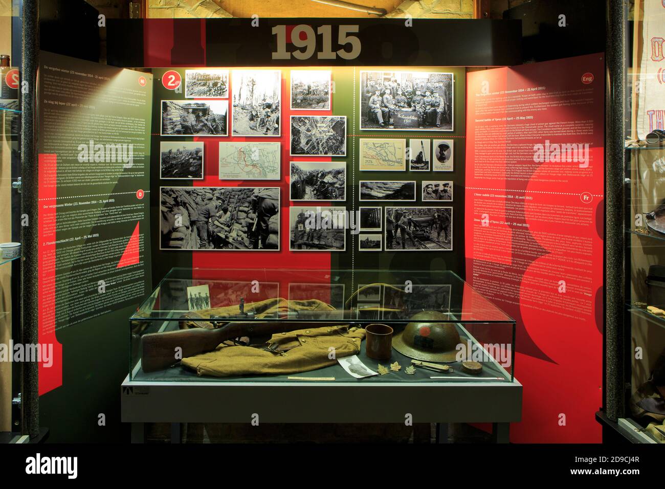 A British (Canadian) uniform, helmet and other relics in a First World War display at the Hooge Crater Museum in Zillebeke (Ypres), Belgium Stock Photo