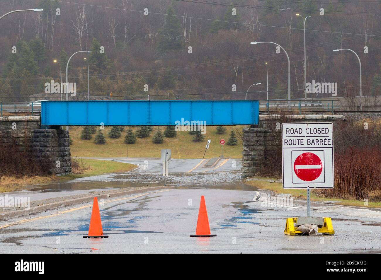 A flooded road under a blue bridge. Orange pylons block the road. A road closed sign sits to the right. Stock Photo