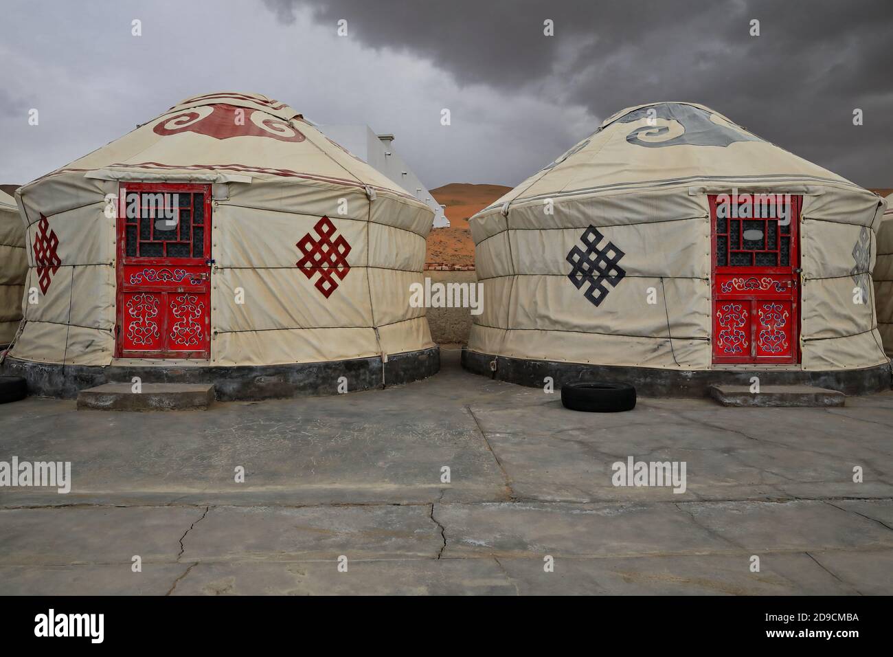 Traditional mongolian gers-yurts for tourist use. Badain Jaran Desert-Inner Mongolia-China-1103 Stock Photo