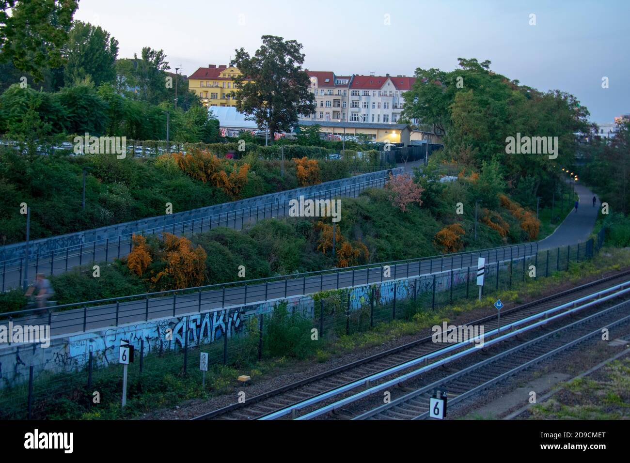 Sunset landscape of railway and gleisdreieck park in Schoneberg Berlin ...