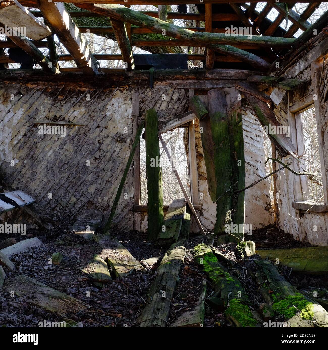 The ruins of an old abandoned house. Inside view. A dilapidated rural house. Stock Photo