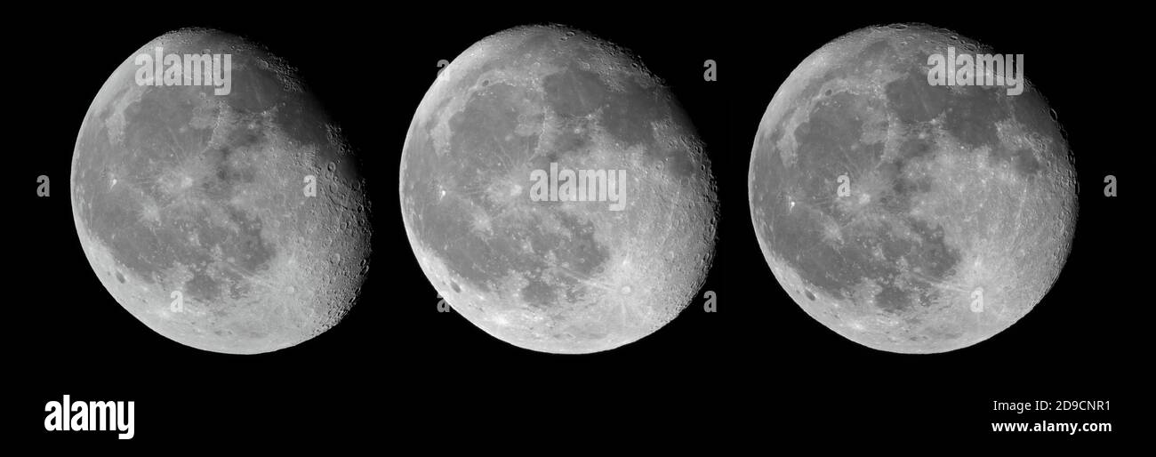 Waning Gibbous Moon phases over three consecutive nights, left to right: 4th; 3rd; 2nd November 2020, showing development of the lunar terminator Stock Photo