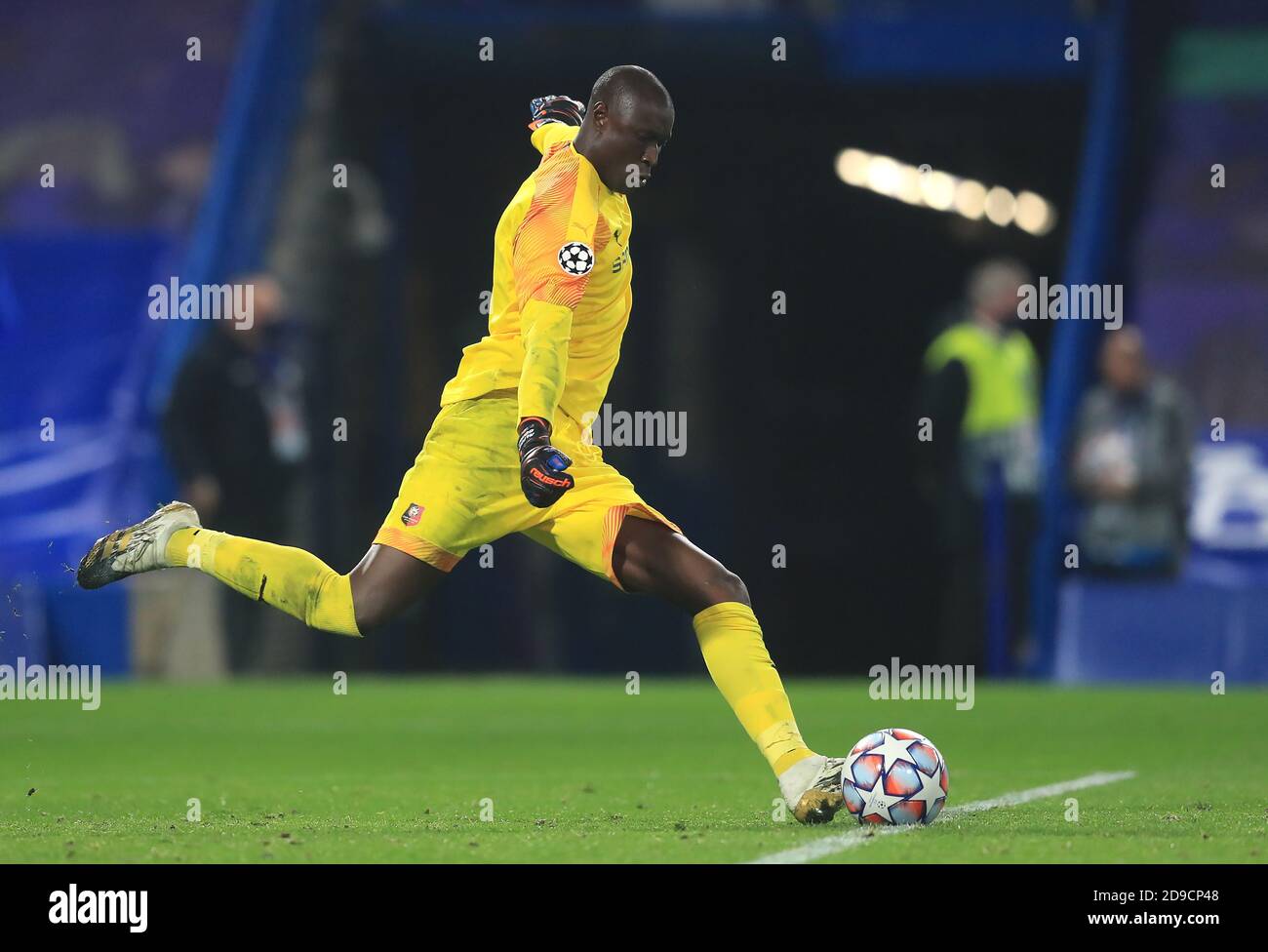 Rennes goalkeeper Alfred Gomis during the UEFA Champions League Group E match at Stamford Bridge, London. Stock Photo