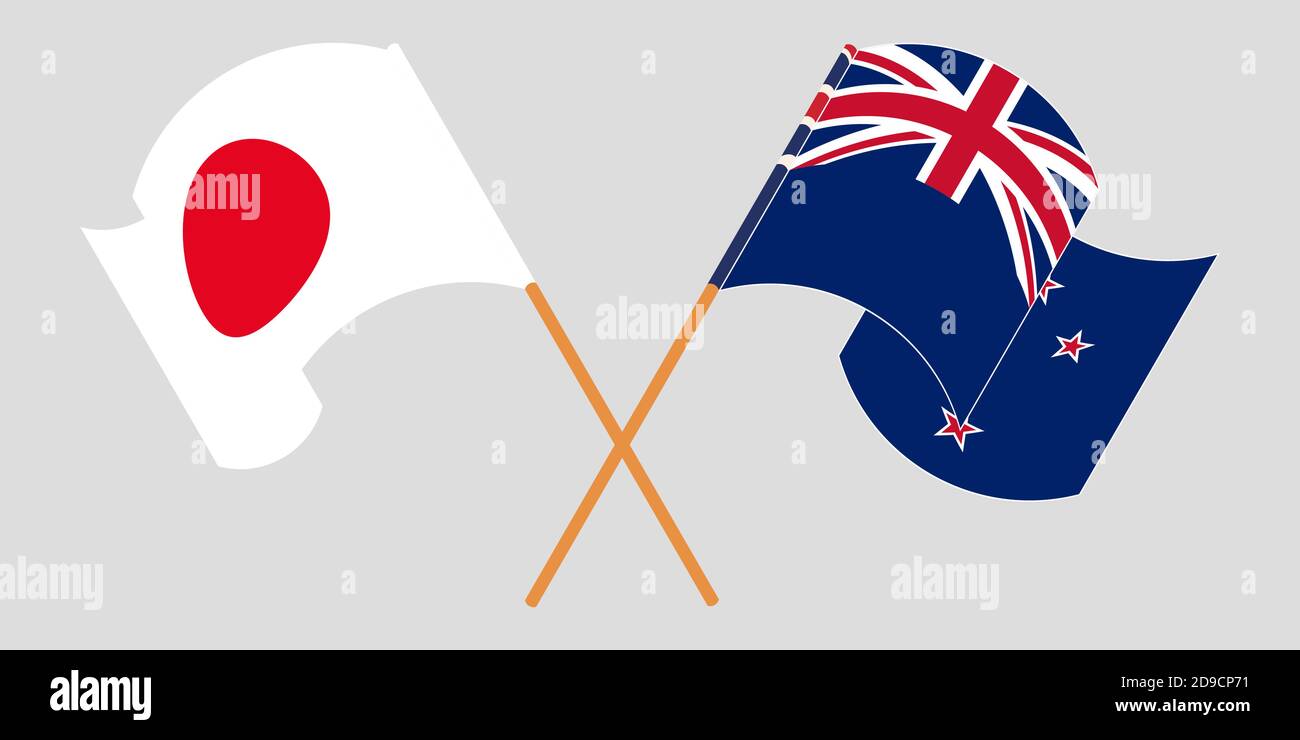 Crossed and waving flags of New Zealand and Japan. Vector illustration Stock Vector