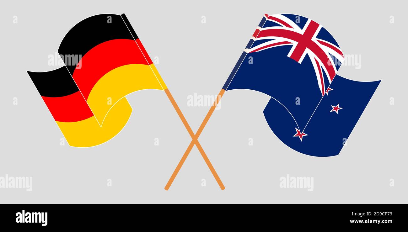 Crossed and waving flags of New Zealand and Germany. Vector illustration Stock Vector
