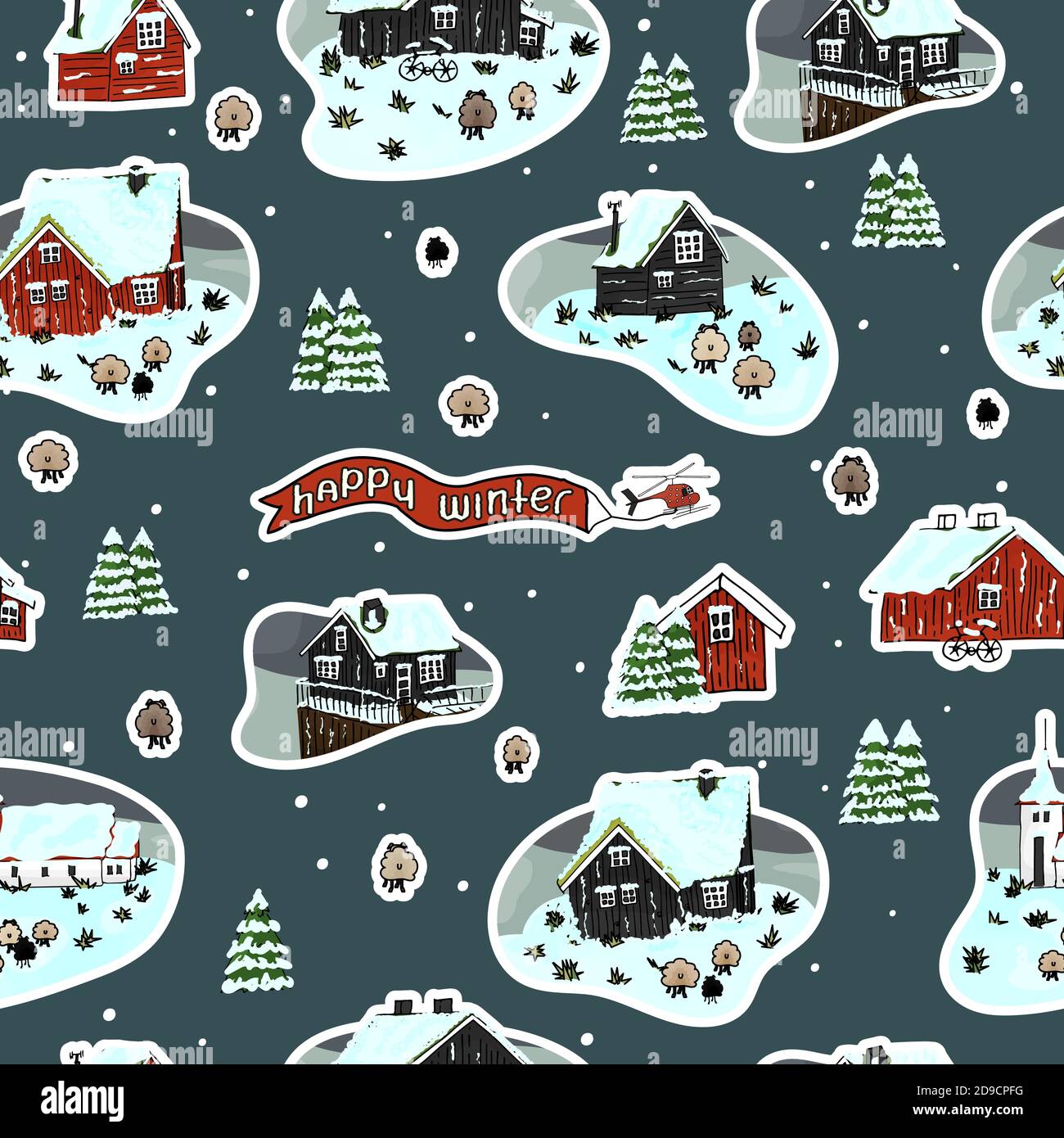 Seamless repeat pattern of snowy wooden scandinavian houses with grass on the roof, christmas trees, sheep and Happy winter text with helicopter Stock Vector