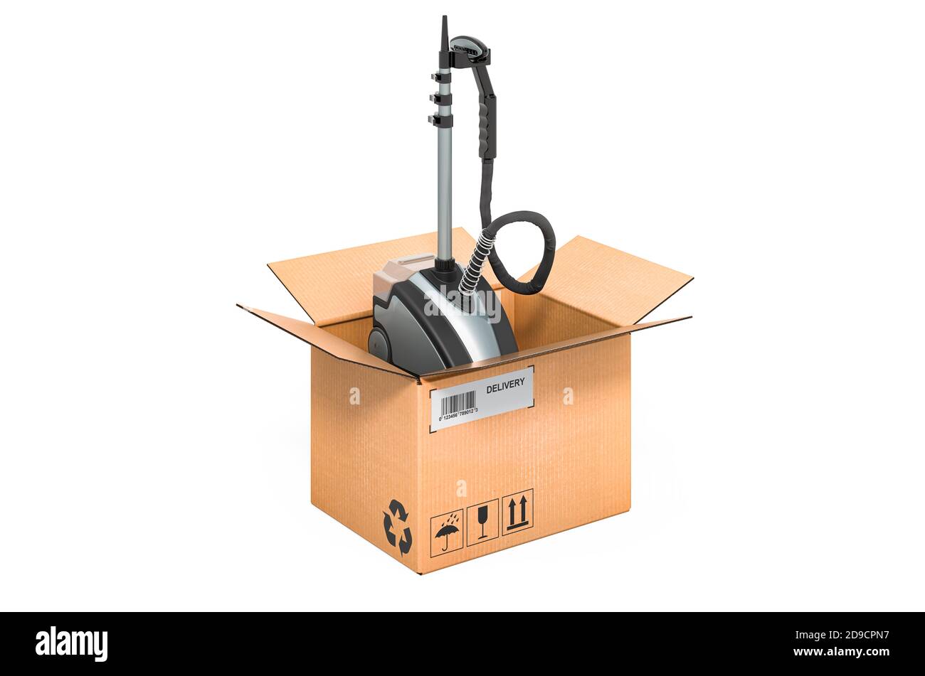 Clothes steamer inside cardboard box, delivery concept. 3D rendering isolated on white background Stock Photo