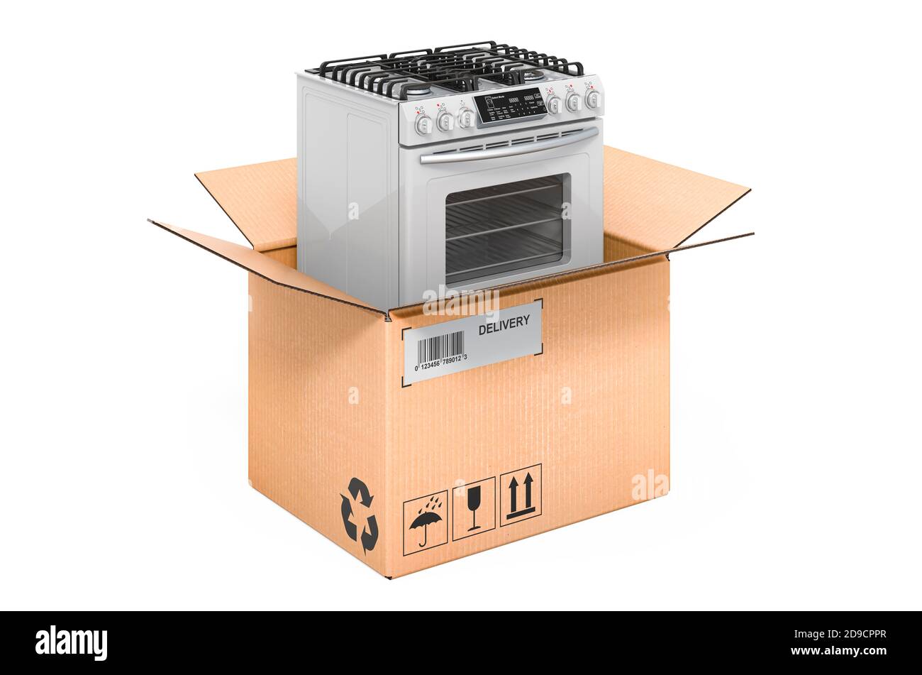 Gas range inside cardboard box, delivery concept. 3D rendering isolated ...