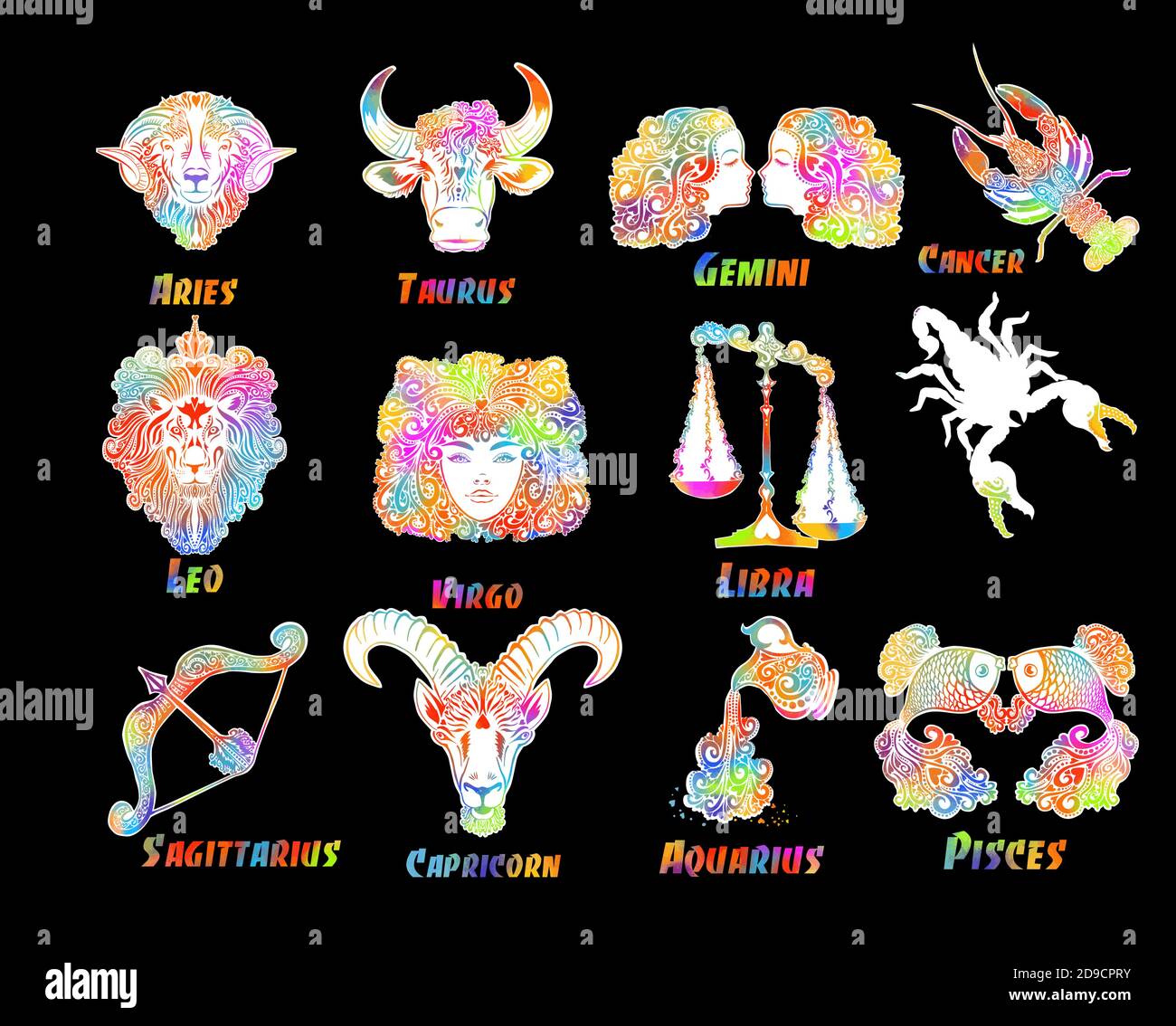 A set of zodiac signs. T-shirt print. Symbol for tattoo. Mixed media.  Multi-colored objects. Vector illustration Stock Vector Image & Art - Alamy