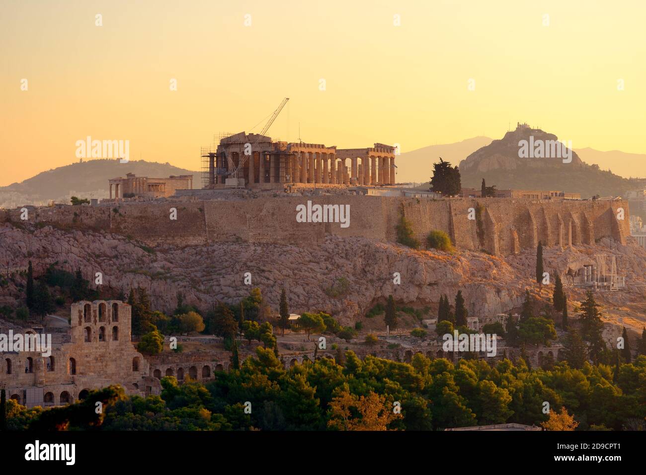 The Acropolis at sunrise from Philopappou Hill, Athens Stock Photo