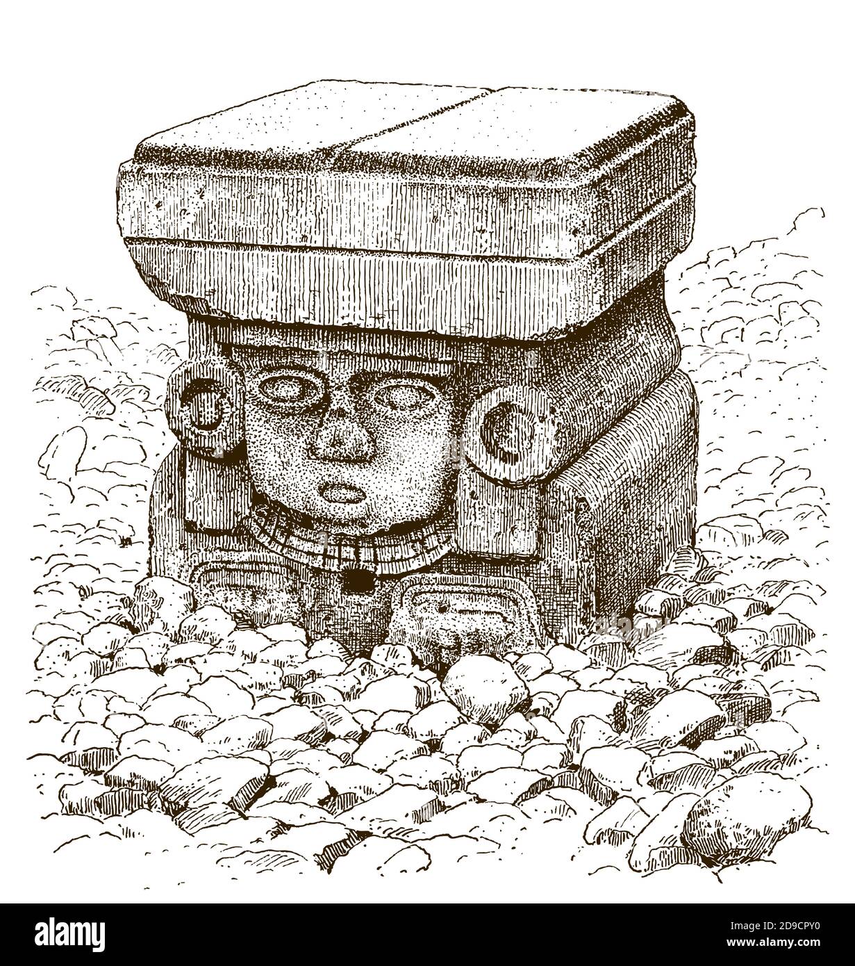 Ancient Aztec statue of Water Goddess Chalchiuhtlicue, a deity of fertility and abundance, after an antique drawing from the 19th century Stock Vector