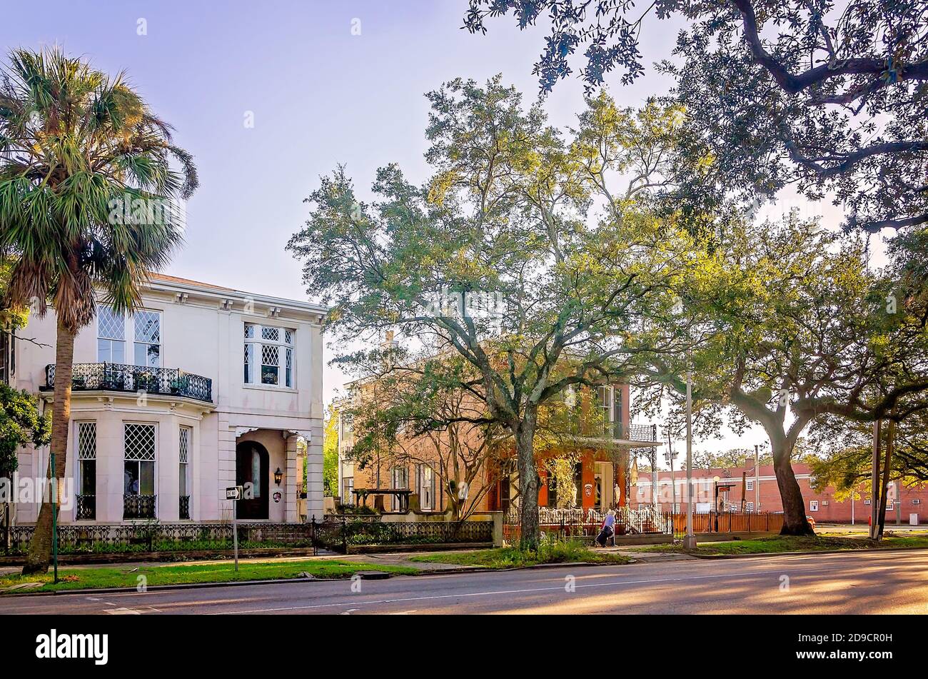 Historic homes in the Church Street East Historic District line Government Street, Oct. 31, 2020, in Mobile, Alabama. Stock Photo