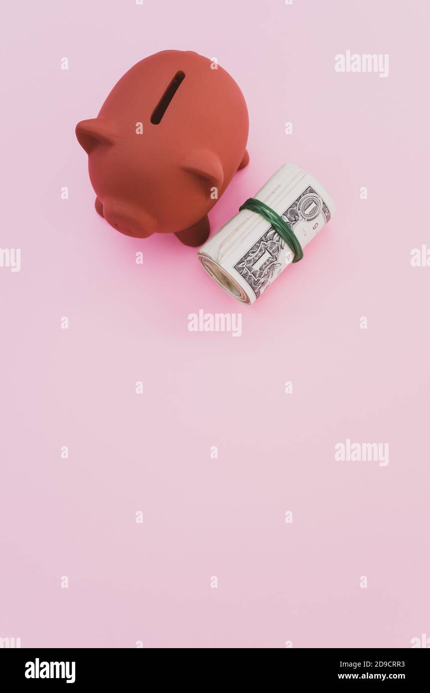 Vertical shot of dollar bills and a piggy bank on a pink surface Stock ...