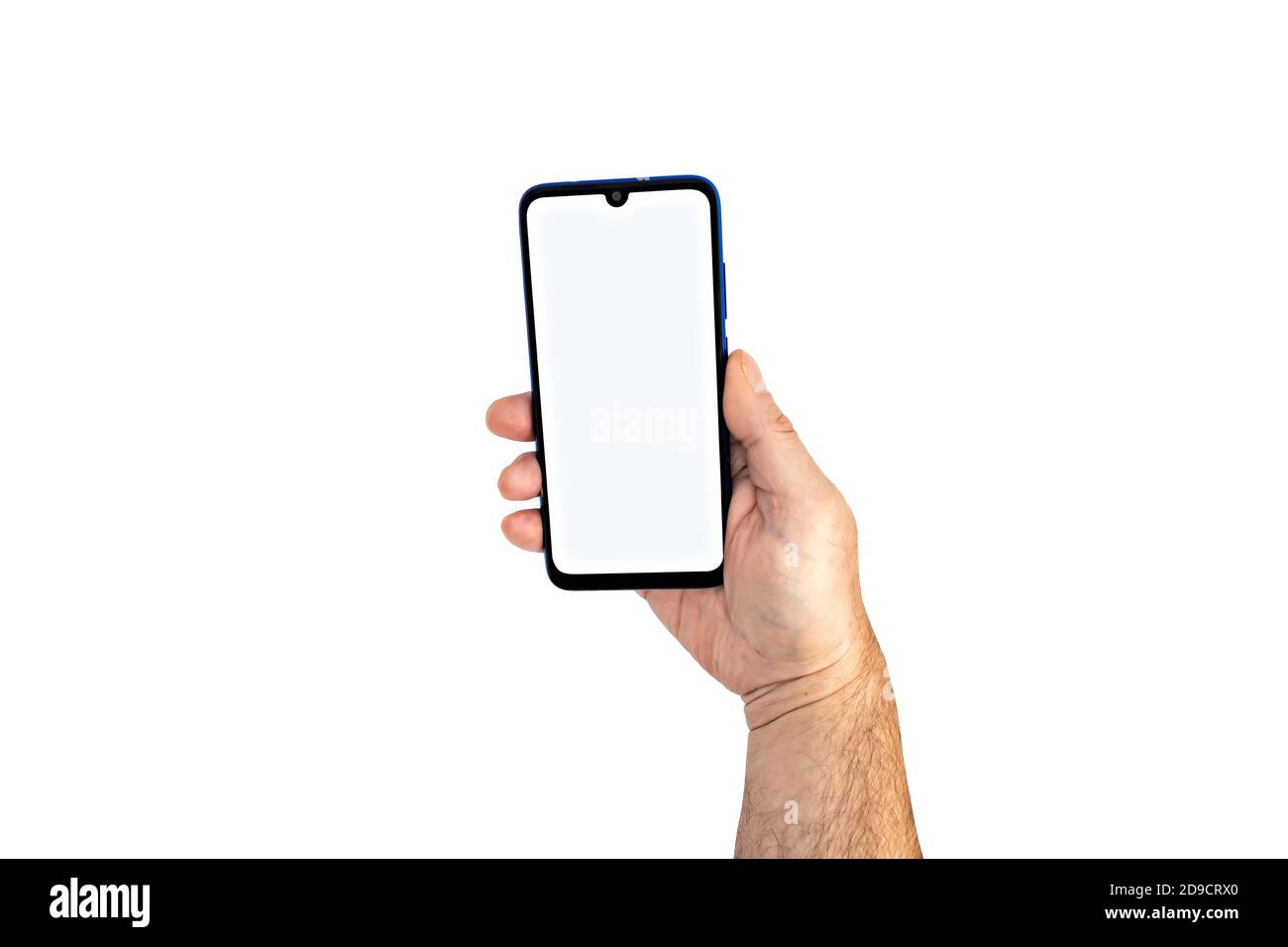 Holding the smartphone with blank screen and modern frameless design Stock Photo