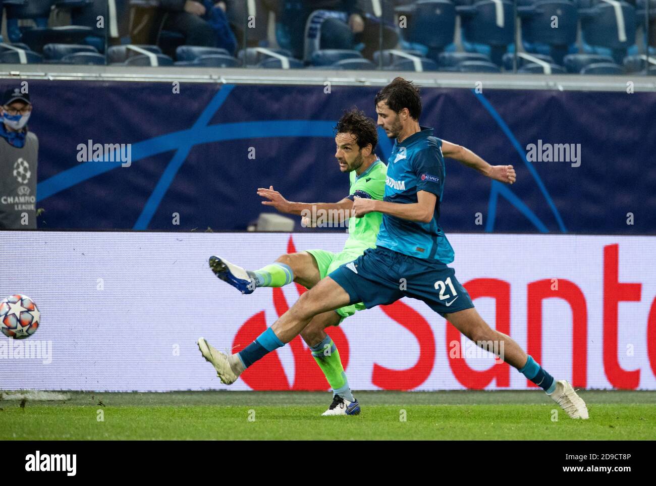 SAINT PETERSBURG, RUSSIA - NOVEMBER 04: Marco Parolo of SS Lazio and Aleksandr Yerokhin of Zenit St Petersburg during the UEFA Champions League Group F stage match between Zenit St. Petersburg and SS Lazio at Gazprom Arena on November 4, 2020 in Saint Petersburg, Russia. (Photo by MB Media) Stock Photo