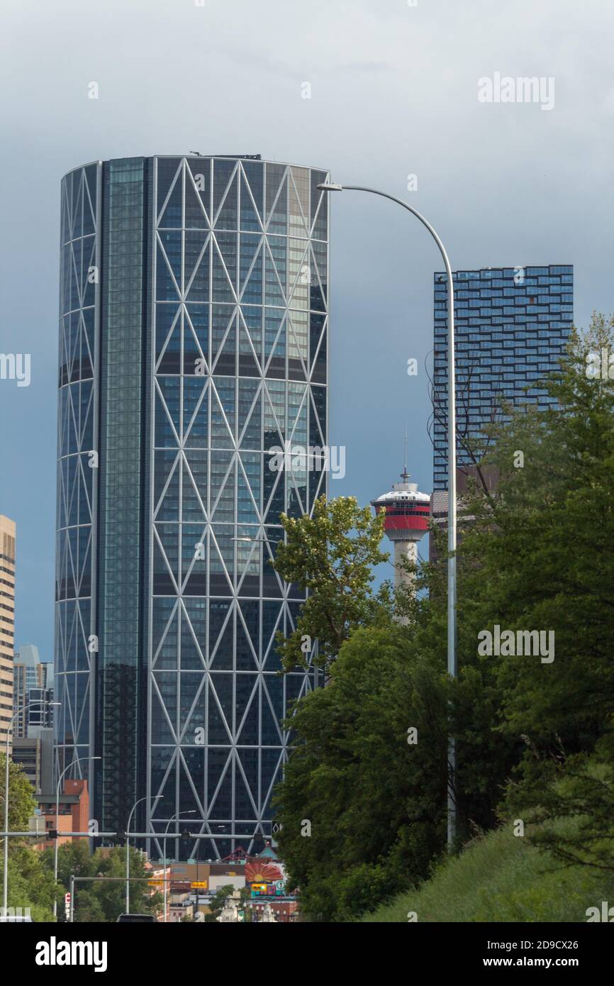 The Bow and Calgary Tower and Telus Sky viewed from Centre Street Stock Photo