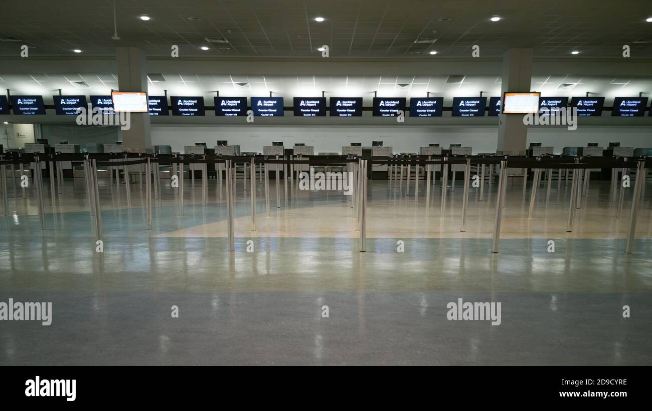 AUCKLAND, NEW ZEALAND - Oct 31, 2019: Auckland / New Zealand - October 31 2019: View of empty registration area with retractable queuing barriers Auck Stock Photo