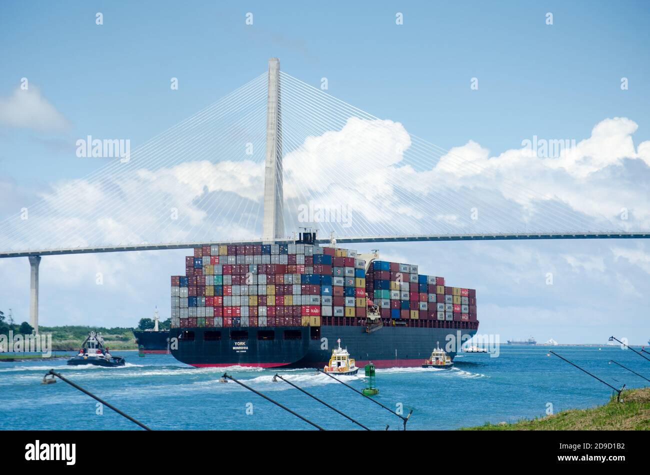 Container ship in transit through the expanded Panama Canal Stock Photo