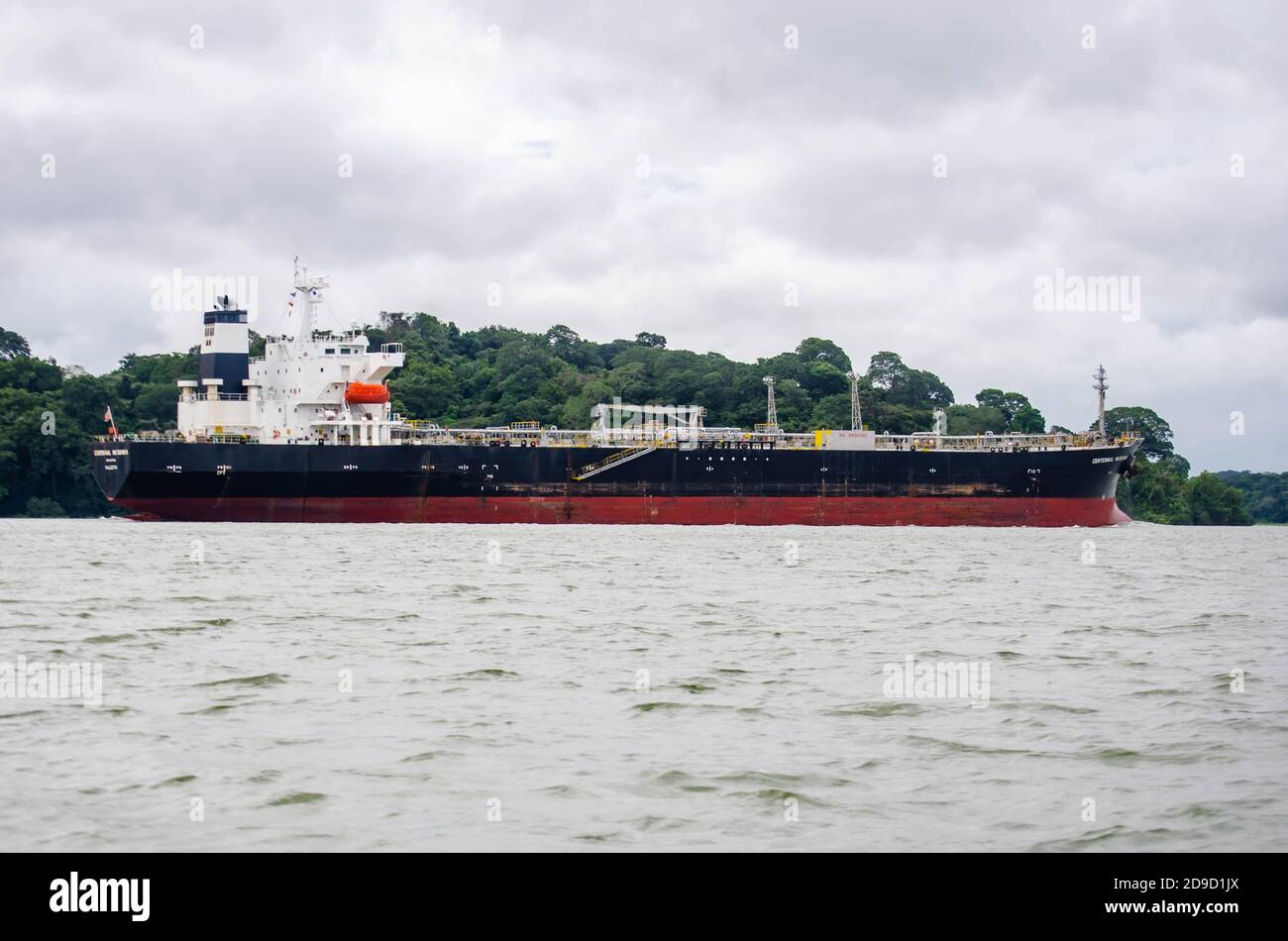 Ship transiting the Panama Canal through the Gatun Lake Stock Photo