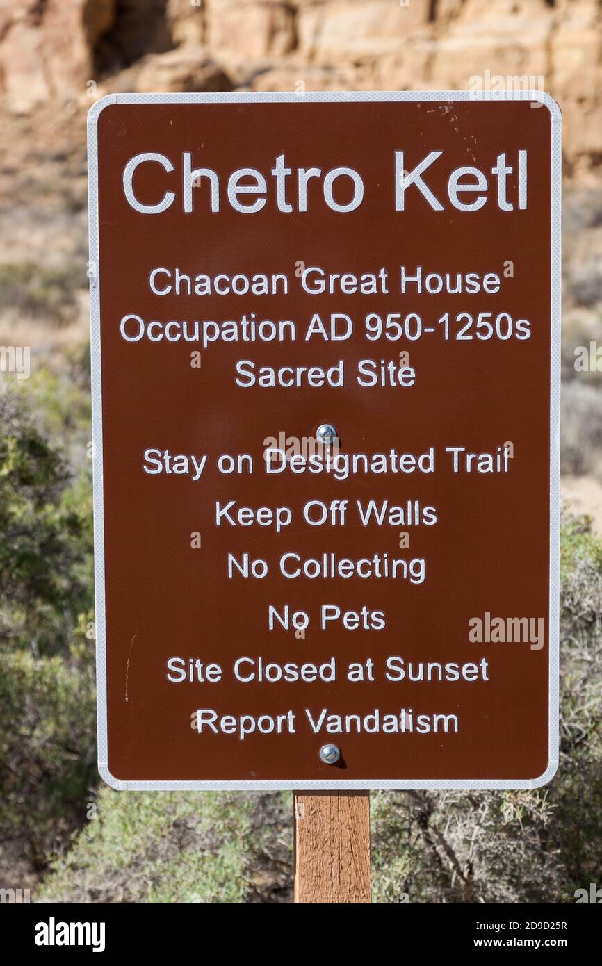 Chaco Canyon New Mexico USA September 30 2014 A metal sign