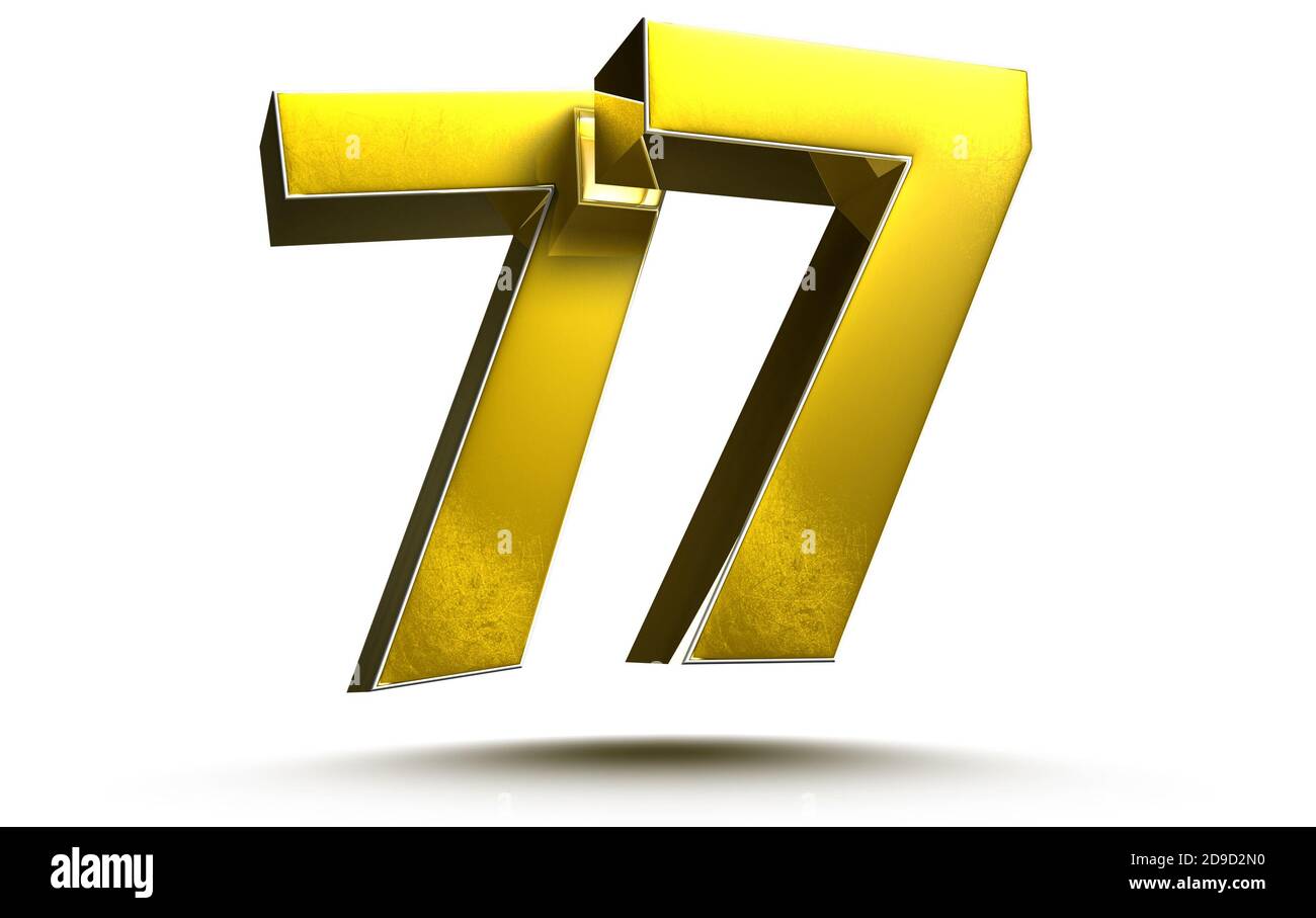 Gold numbers 77 isolated on white background illustration 3D rendering
